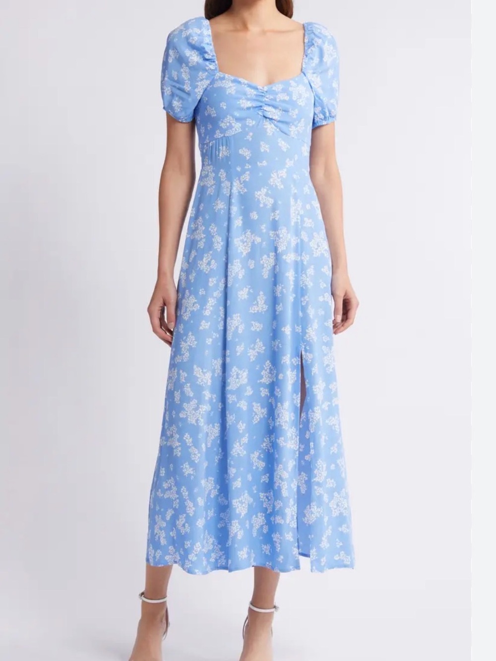 & Other Stories Light Blue Floral Midi Dress with Puff Sleeves Size 4